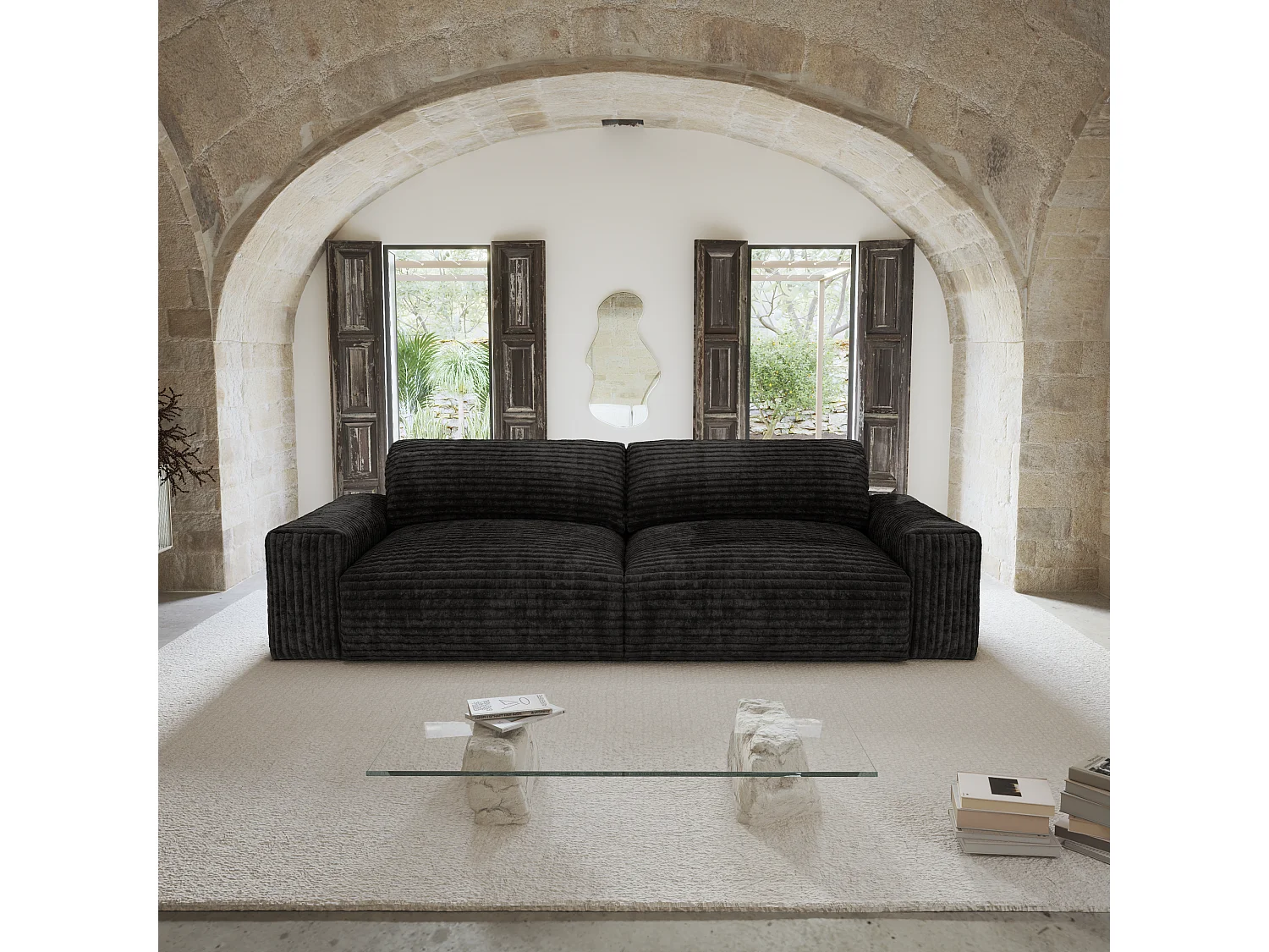 Canapé 3 places velours côtelé XXL noir 220cm BLISS