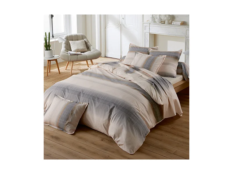 Parure de lit 140x200 cm 50x70 cm percale ESTEBAN beige 2 pièces