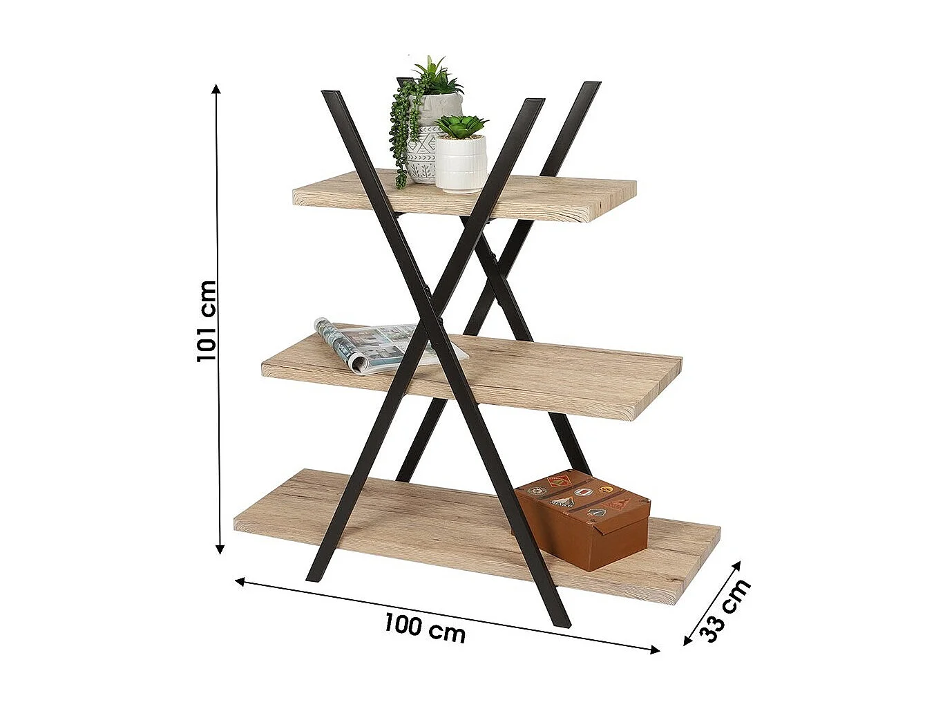 Pyramide boekenrek 3 niveaus DARYL – Industriële stijl – Eiken en zwart