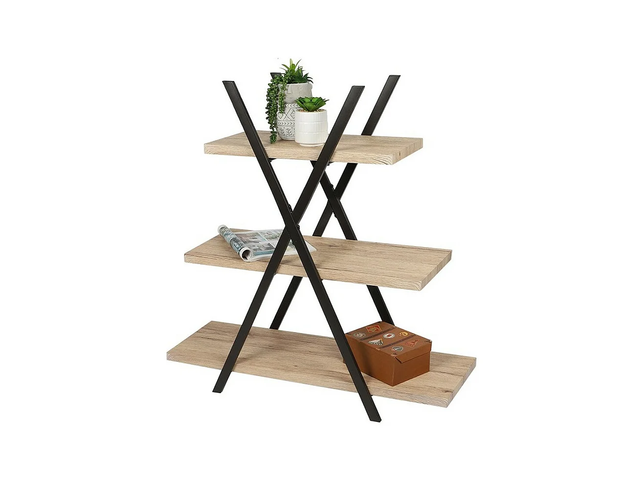 Pyramide boekenrek 3 niveaus DARYL – Industriële stijl – Eiken en zwart