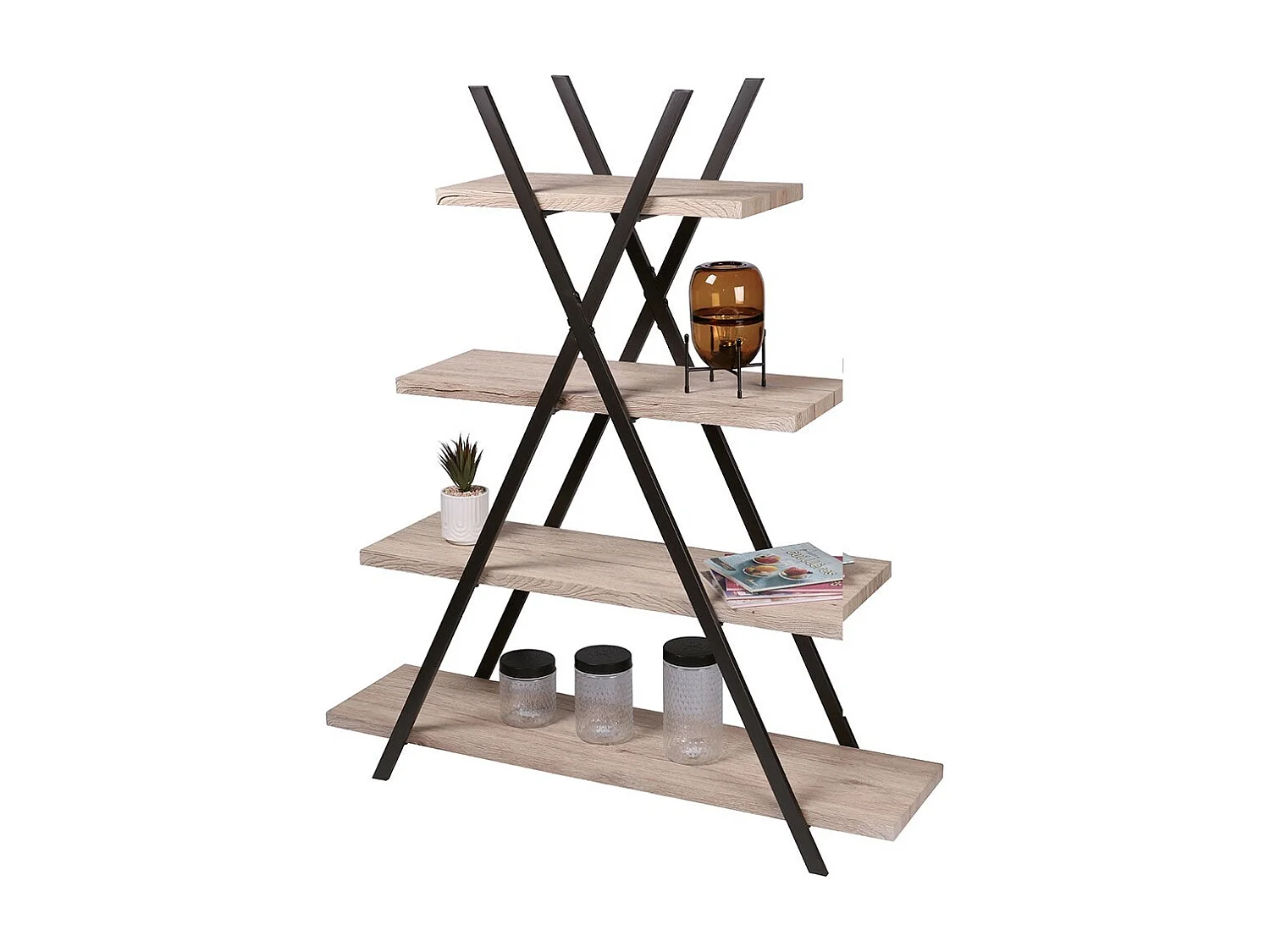 Étagère pyramide 4 niveaux collection DARYL – Style industriel, coloris chêne et noir