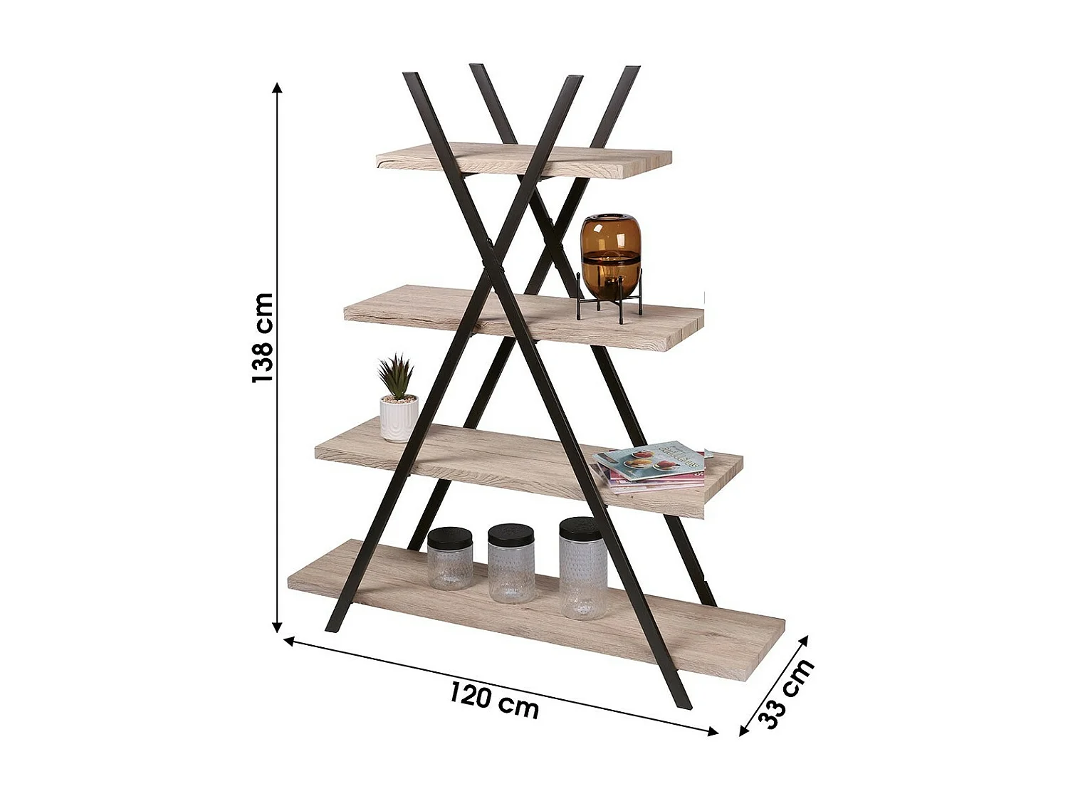 Étagère pyramide 4 niveaux collection DARYL – Style industriel, coloris chêne et noir