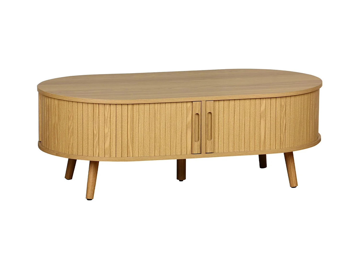 Table basse 2 portes coulissantes avec 3 compartiments effet bois rainuré. L 110 x P 59 x H 39cm