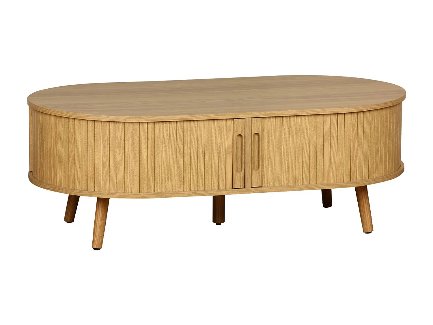 Table basse 2 portes coulissantes avec 3 compartiments décor bois rainuré. L 110 x P 59 x H 39cm