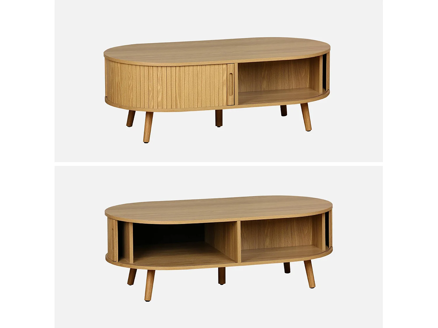Table basse 2 portes coulissantes avec 3 compartiments décor bois rainuré. L 110 x P 59 x H 39cm