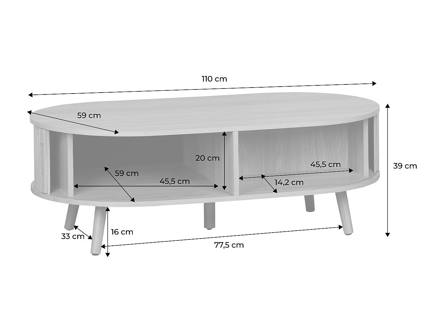 Table basse 2 portes coulissantes avec 3 compartiments décor bois rainuré. L 110 x P 59 x H 39cm