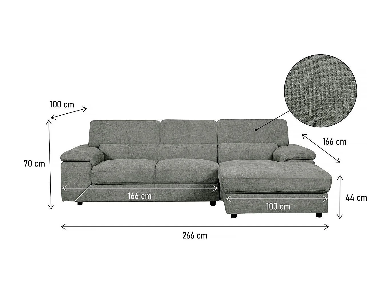 Canapé d'angle en tissu chenille "London" - 4 places - Gris