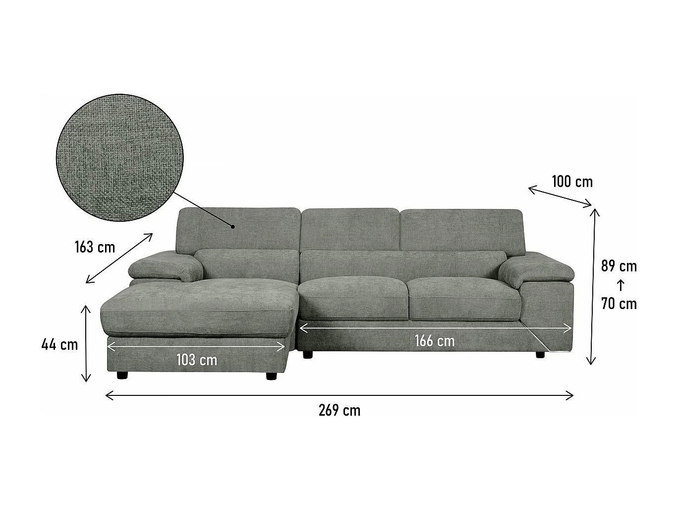 Hoekbank van chenille stof "London" - 4 plaatsen - Elegant grijs en comfortabel voor uw woonkamer