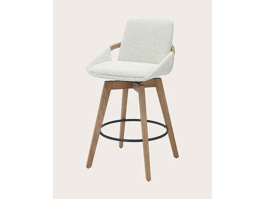 Saly - Chaise de bar en tissu bouclette et pieds en bois