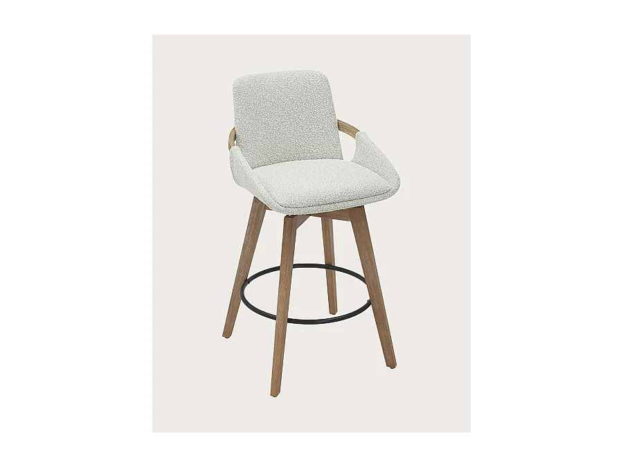 Saly - Chaise de bar en tissu bouclette et pieds en bois