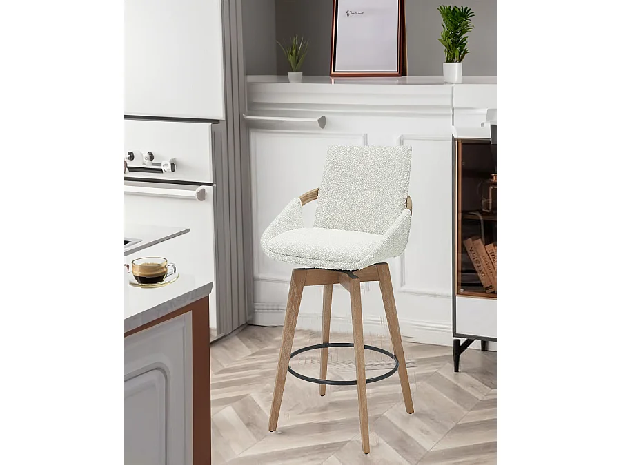 Saly - Chaise de bar en tissu bouclette et pieds en bois