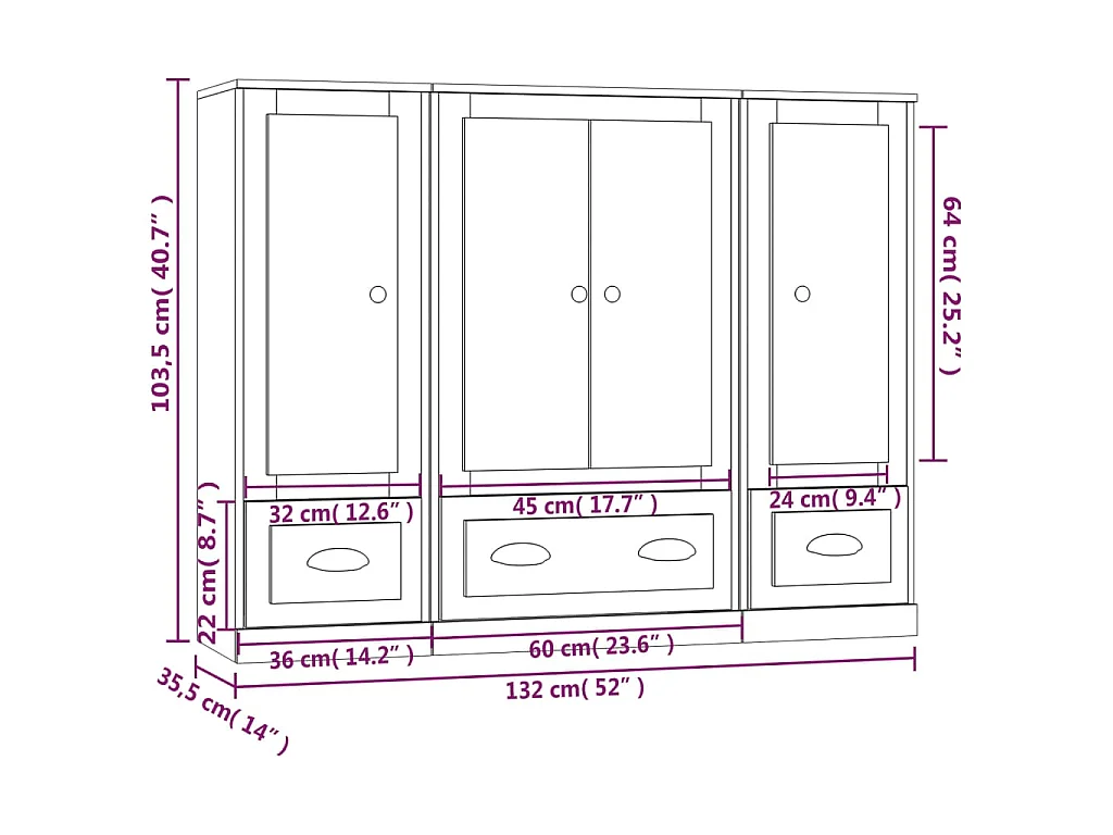 Buffets 3 pcs sonoma gris bois d'ingénierie