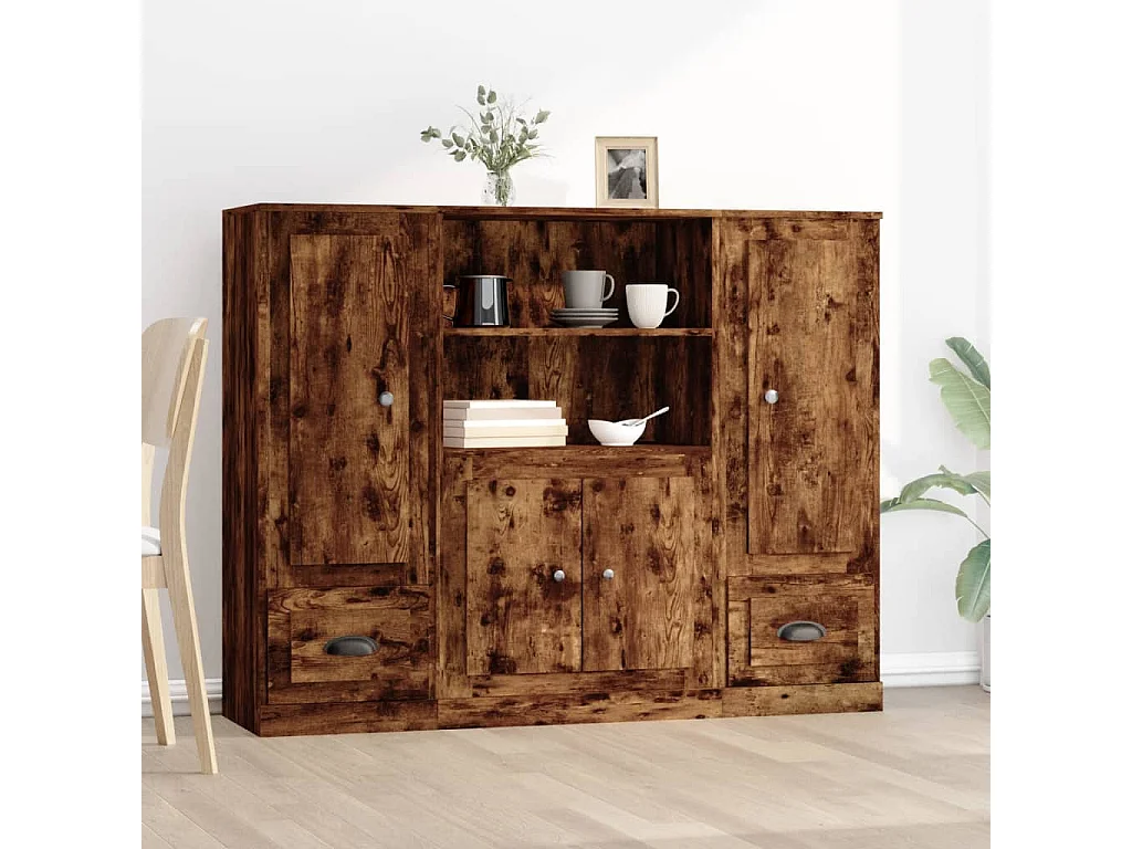 Armários altos 3 pcs derivados de madeira carvalho fumado