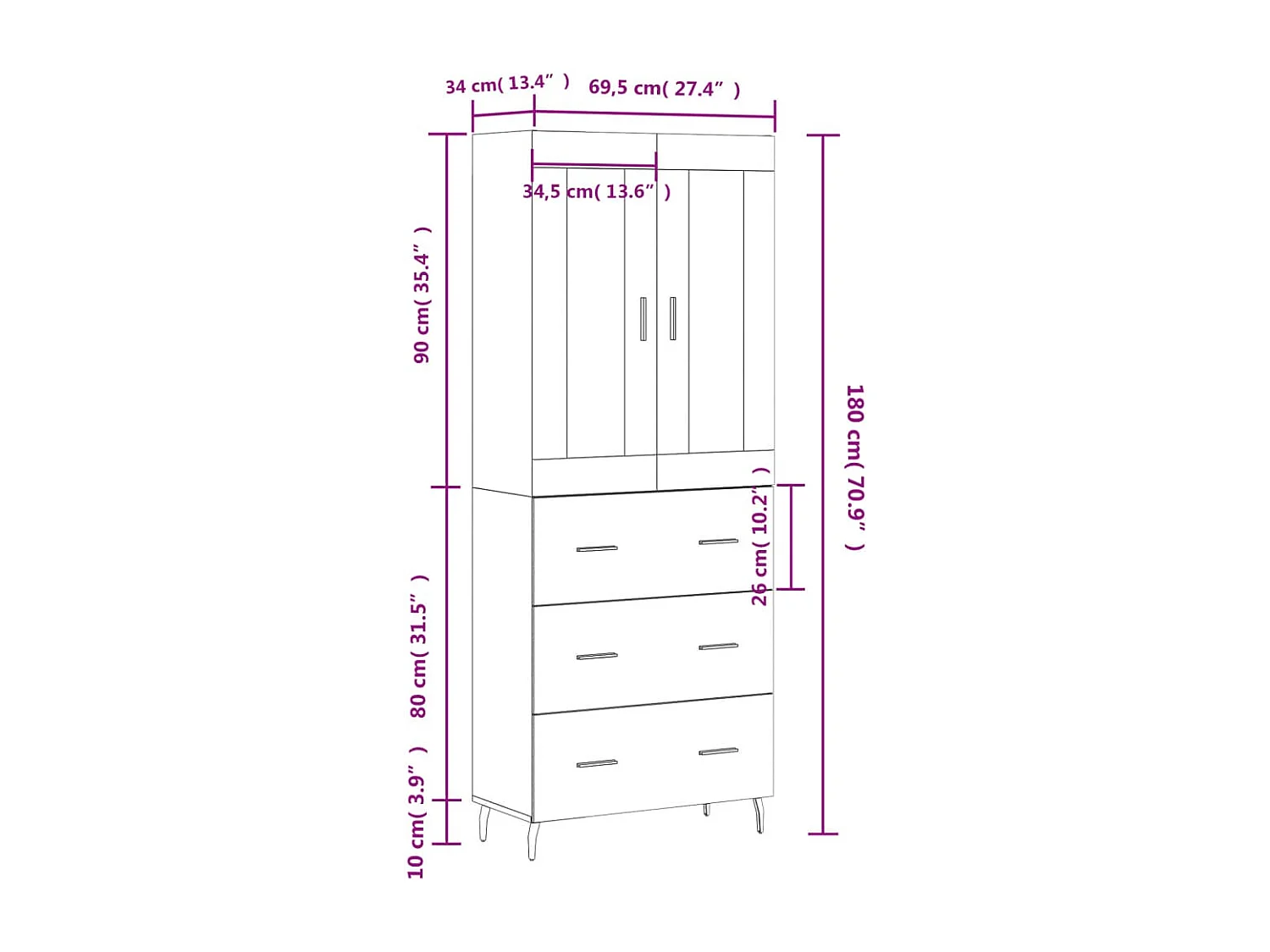 Aparador alto madera contrachapada color roble 69,5x34x180 cm
