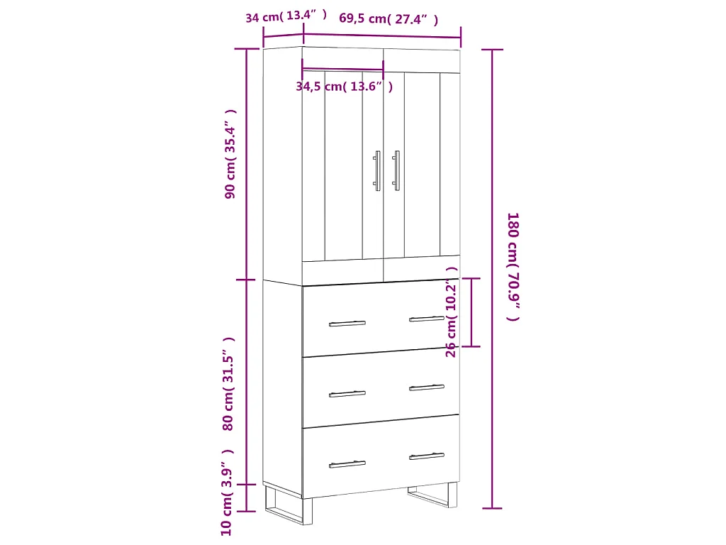 Hoge kast 69,5x34x180 cm bewerkt hout sonoma eikenkleurig