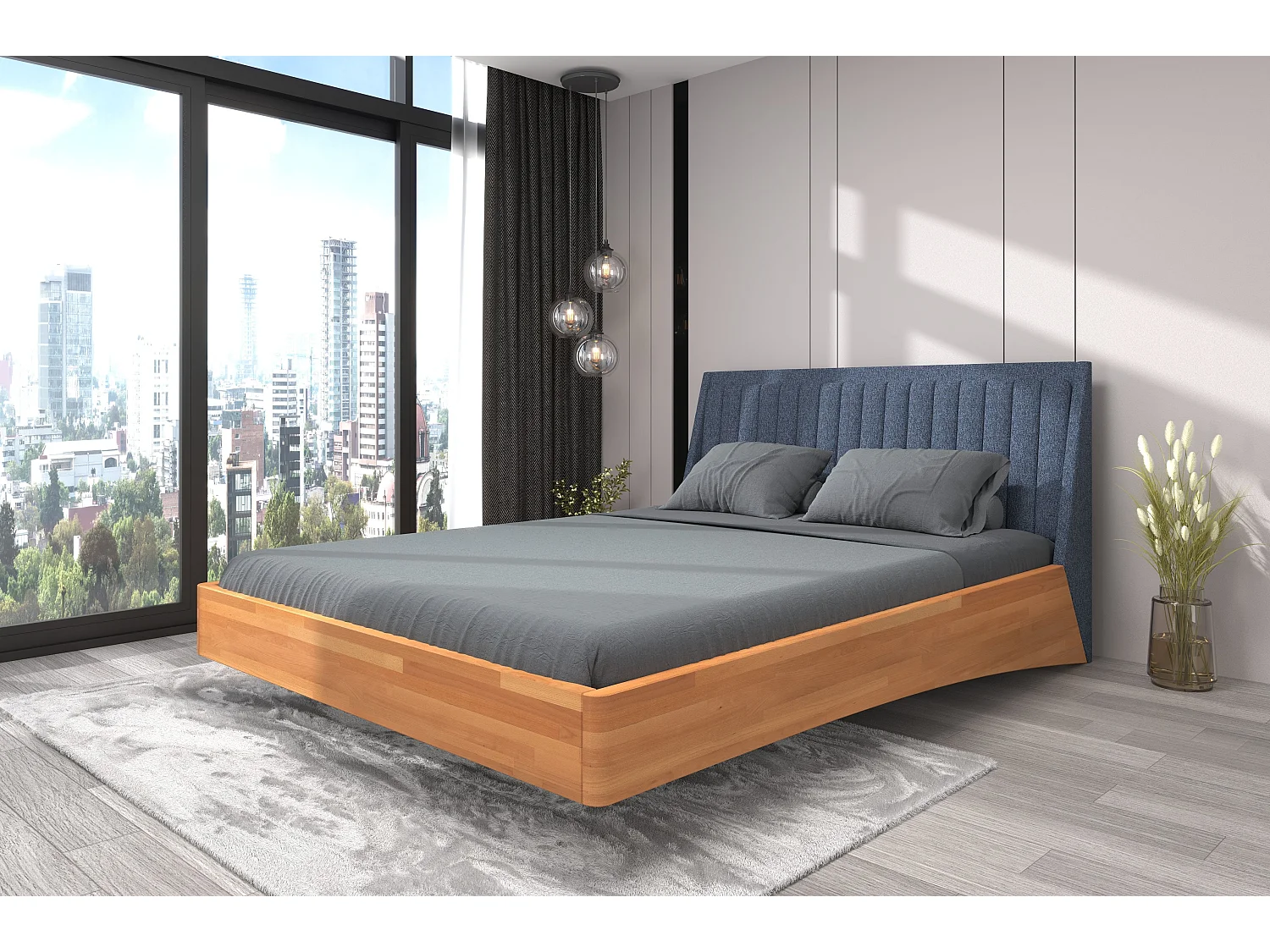 Łóżko bukowe lewitujące Visby ULF, 180x200, naturalny/denim