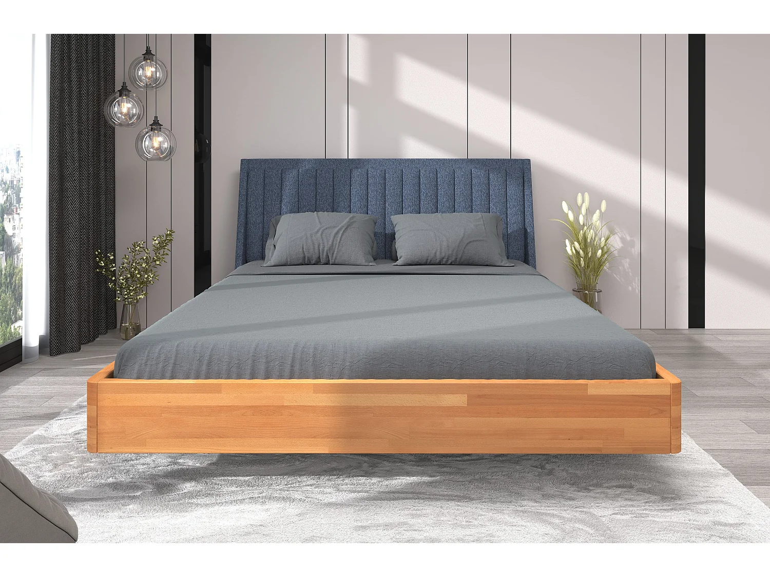 Łóżko bukowe lewitujące Visby ULF, 180x200, naturalny/denim