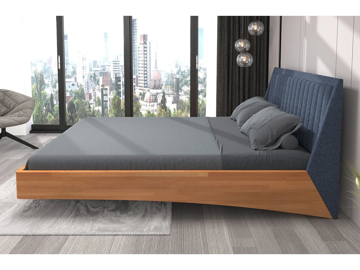 Łóżko bukowe lewitujące Visby ULF, 180x200, naturalny/denim