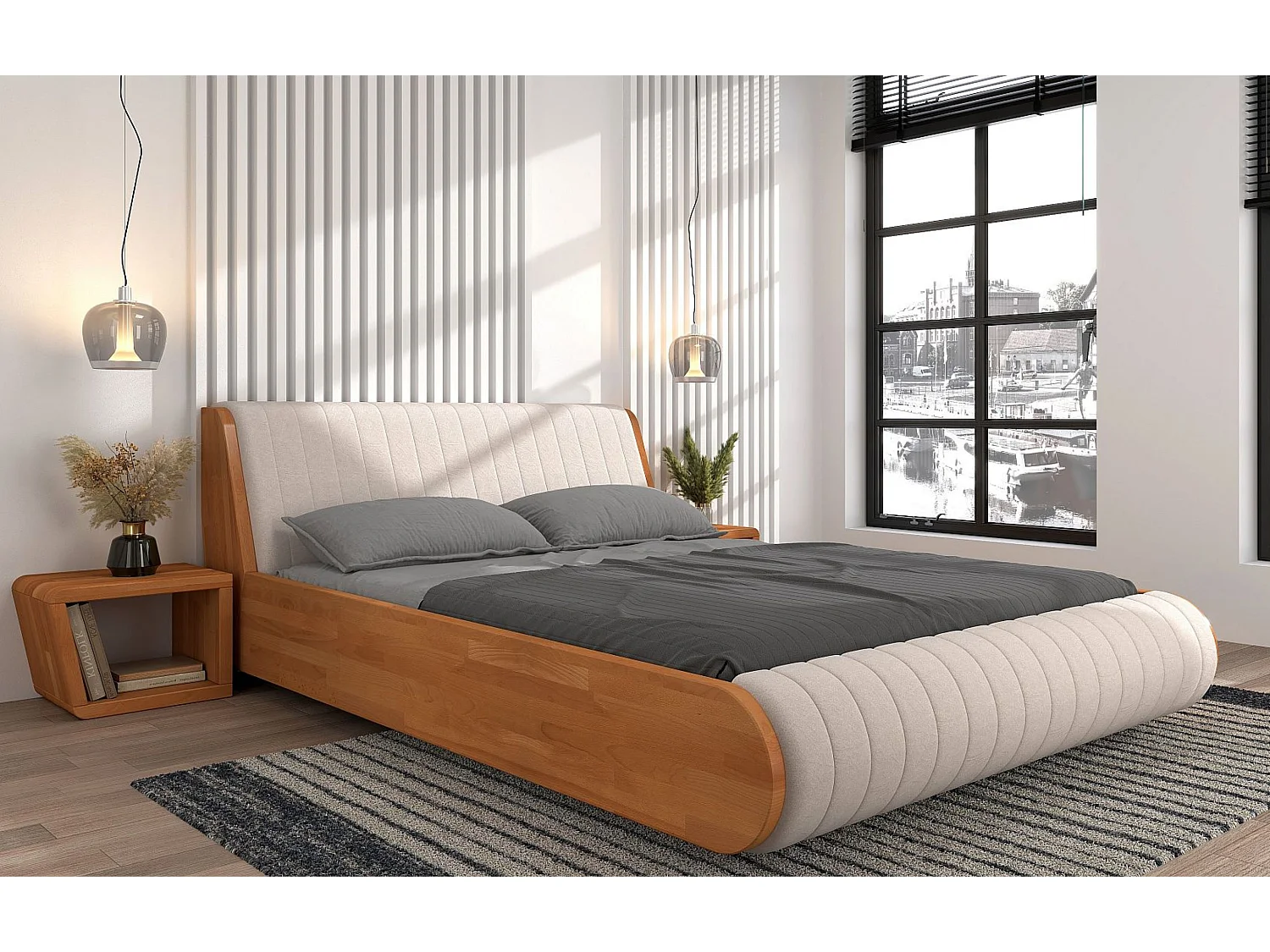 Moderner Nachttisch aus massivem Buchenholz Harald, trapezförmig, natürliche Farbe, mit geräumigem Regal