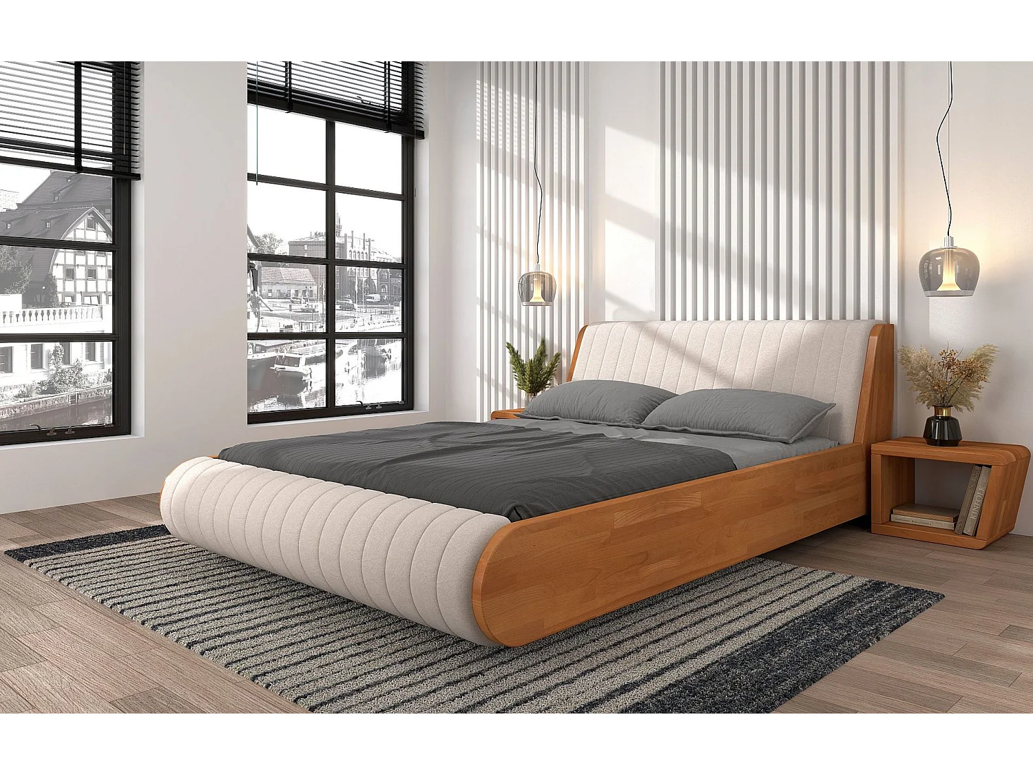 Moderner Nachttisch aus massivem Buchenholz Harald, trapezförmig, natürliche Farbe, mit geräumigem Regal