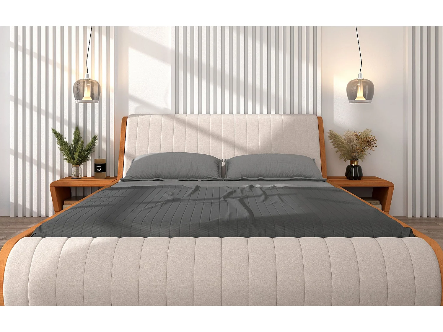 Moderner Nachttisch aus massivem Buchenholz Harald, trapezförmig, natürliche Farbe, mit geräumigem Regal