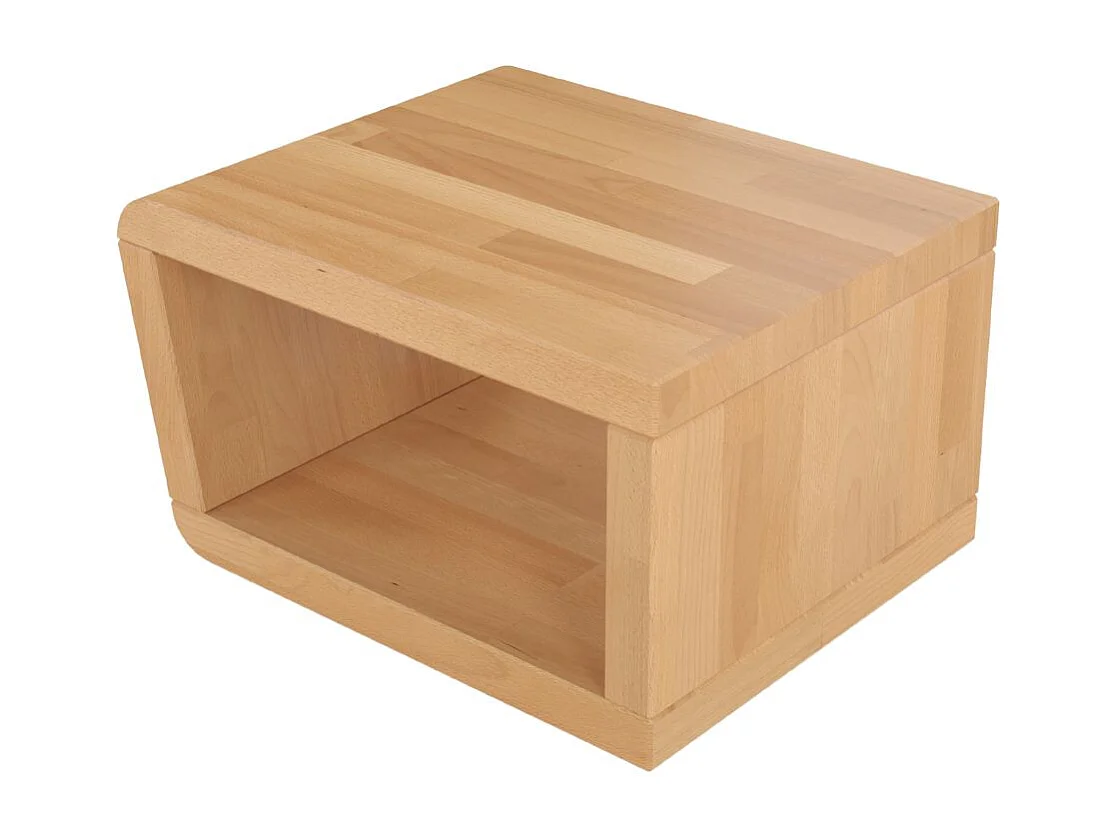 Moderner Nachttisch aus massivem Buchenholz Harald, trapezförmig, natürliche Farbe, mit geräumigem Regal