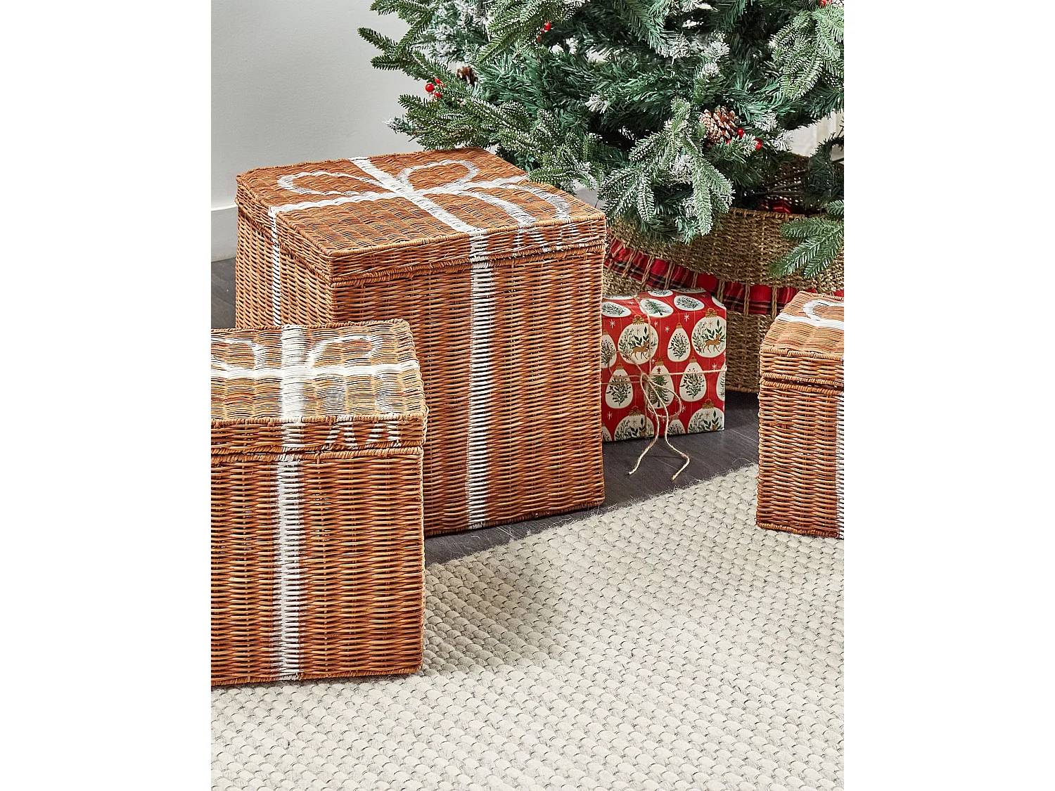 Aufbewahrungskorb 3er Set Weihnachtsgeschenke CADEAU Rattan Naturfarben