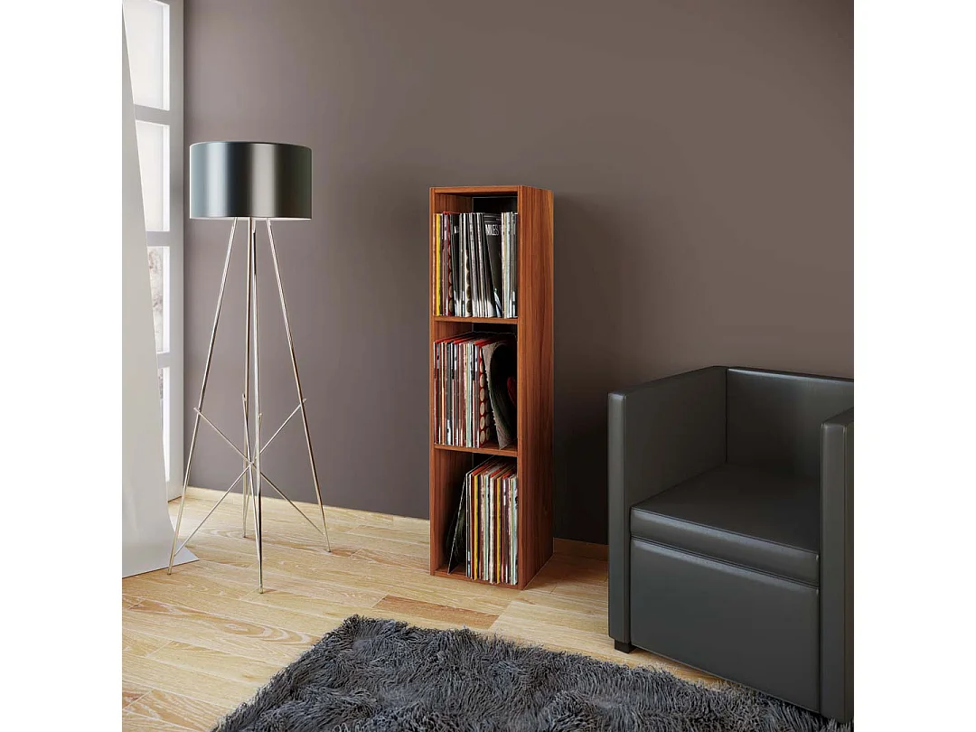 VCM Wood Records Shelf | Stand Shelf com 3 compartimentos para 100 Registros | Dimensões: A. 107 x L. 34 x P. 30 cm - Platto (Core Walnut)