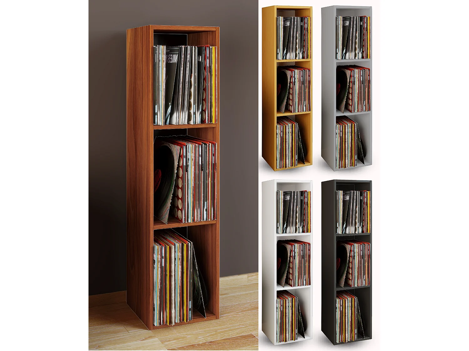 VCM Wood Records Shelf | Stand Shelf com 3 compartimentos para 100 Registros | Dimensões: A. 107 x L. 34 x P. 30 cm - Platto (Core Walnut)