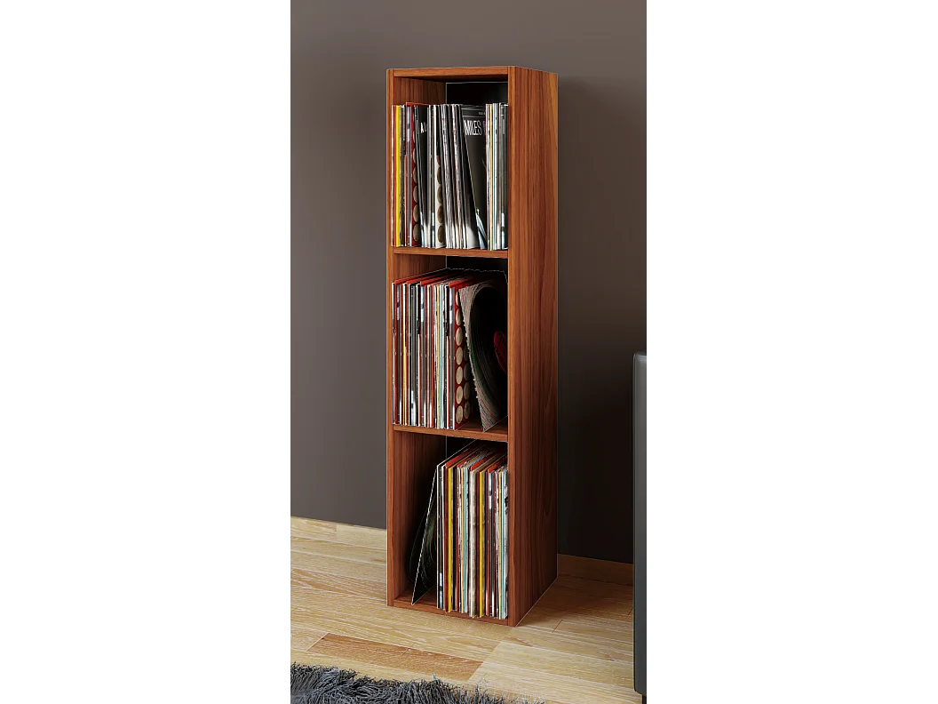 VCM Wood Records Shelf | Stand Shelf com 3 compartimentos para 100 Registros | Dimensões: A. 107 x L. 34 x P. 30 cm - Platto (Core Walnut)
