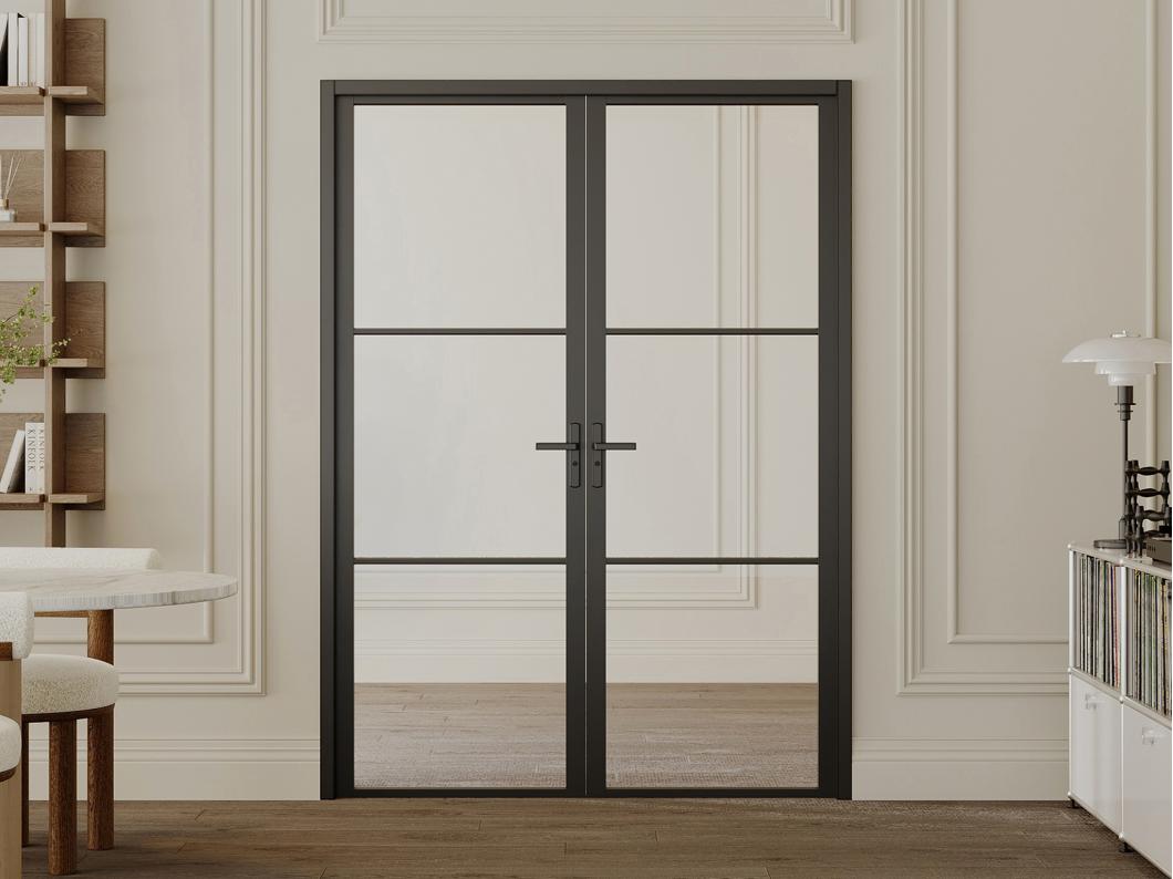 Drzwi kompletne 2-skrzydłowe dwustronne z aluminium i szkła hartowanego - 2 x wys. 204 x szer. 93 cm - Czarny - MASERU