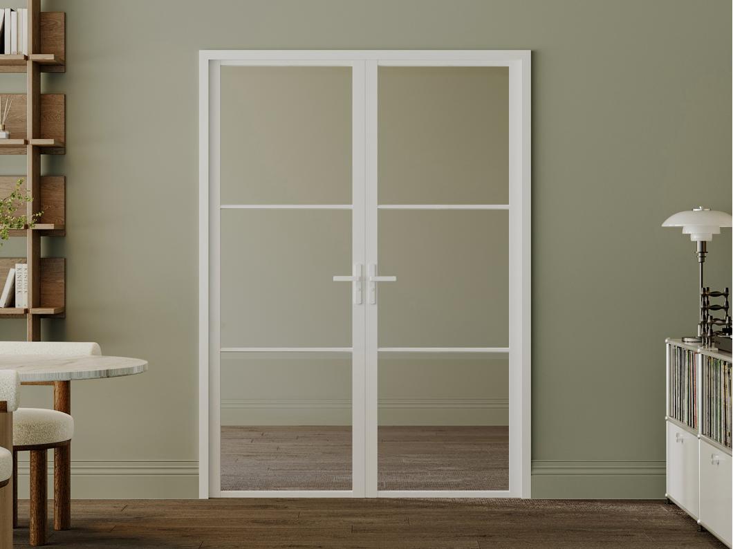 Drzwi kompletne 2-skrzydłowe dwustronne z aluminium i szkła hartowanego - 2 x wys. 204 x szer. 73 cm - Biały - MASERU