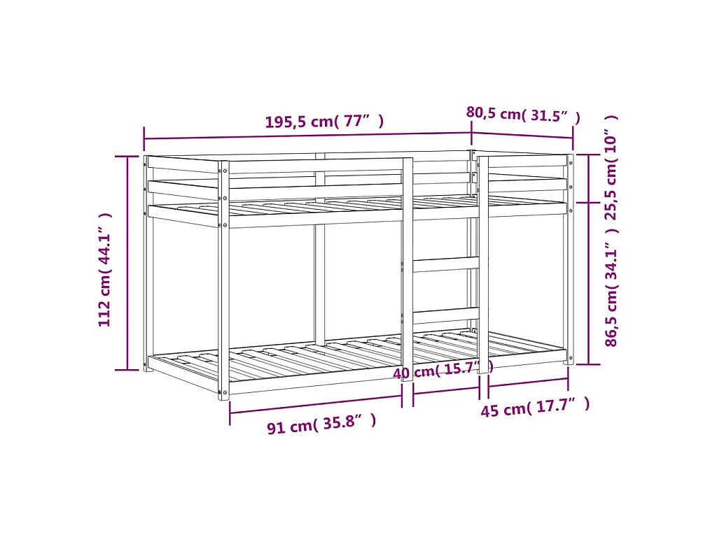 Lit superposé sans matelas cire marron 75x190 cm pin massif