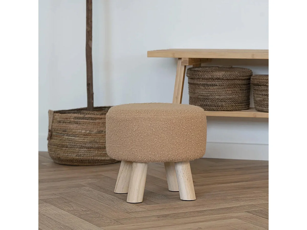 STOOL - Tabouret Bas Tissu Bouclé Beige Pieds en Pin Naturel