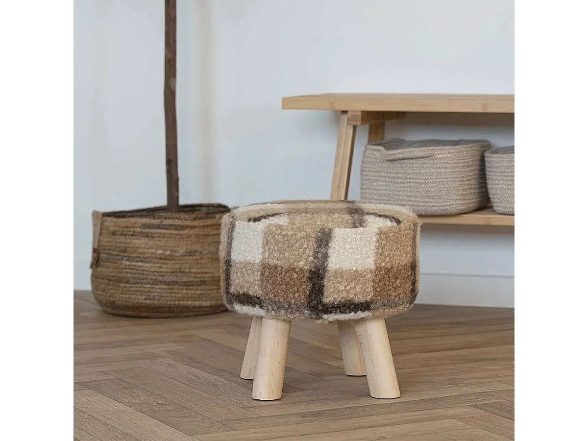 STOOL - Tabouret Bas Tissu Bouclé Imprimé Ecossais Pieds en Pin Naturel