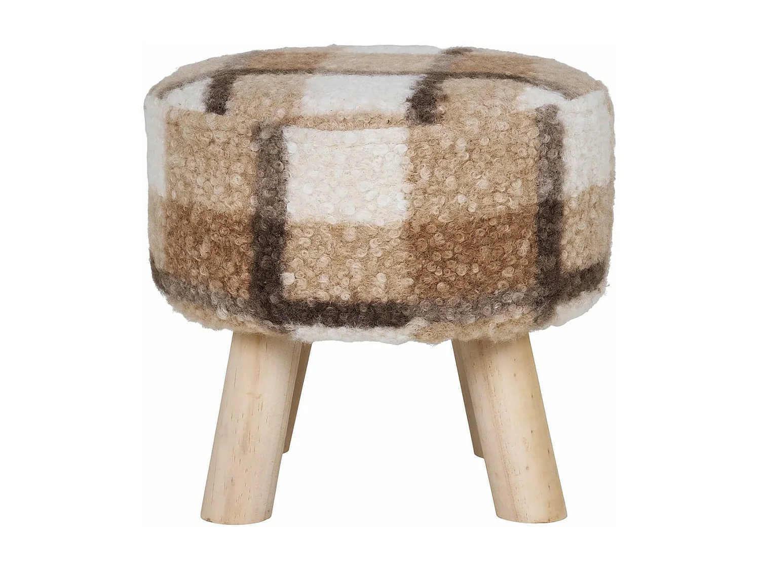 STOOL - Tabouret Bas Tissu Bouclé Imprimé Ecossais Pieds en Pin Naturel