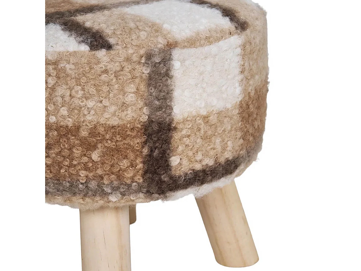 STOOL - Tabouret Bas Tissu Bouclé Imprimé Ecossais Pieds en Pin Naturel