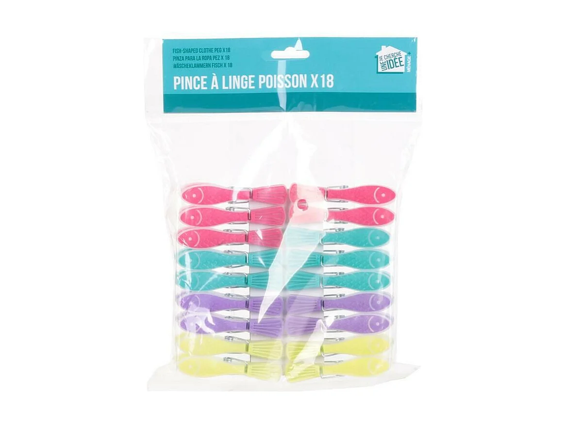 Lot de 18 Pinces à Linge "Poisson" 8cm Multicolore