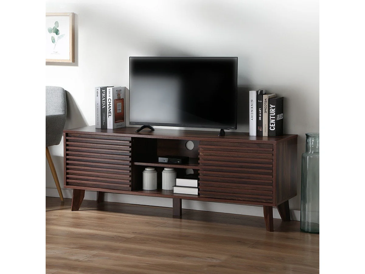 Meuble TV portes coulissantes Façades Effet Bois Rainuré L135 cm - FRIBOURG