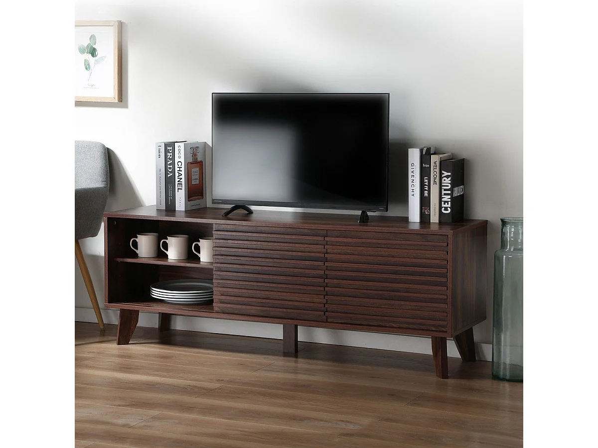 Meuble TV portes coulissantes Façades Effet Bois Rainuré L135 cm - FRIBOURG