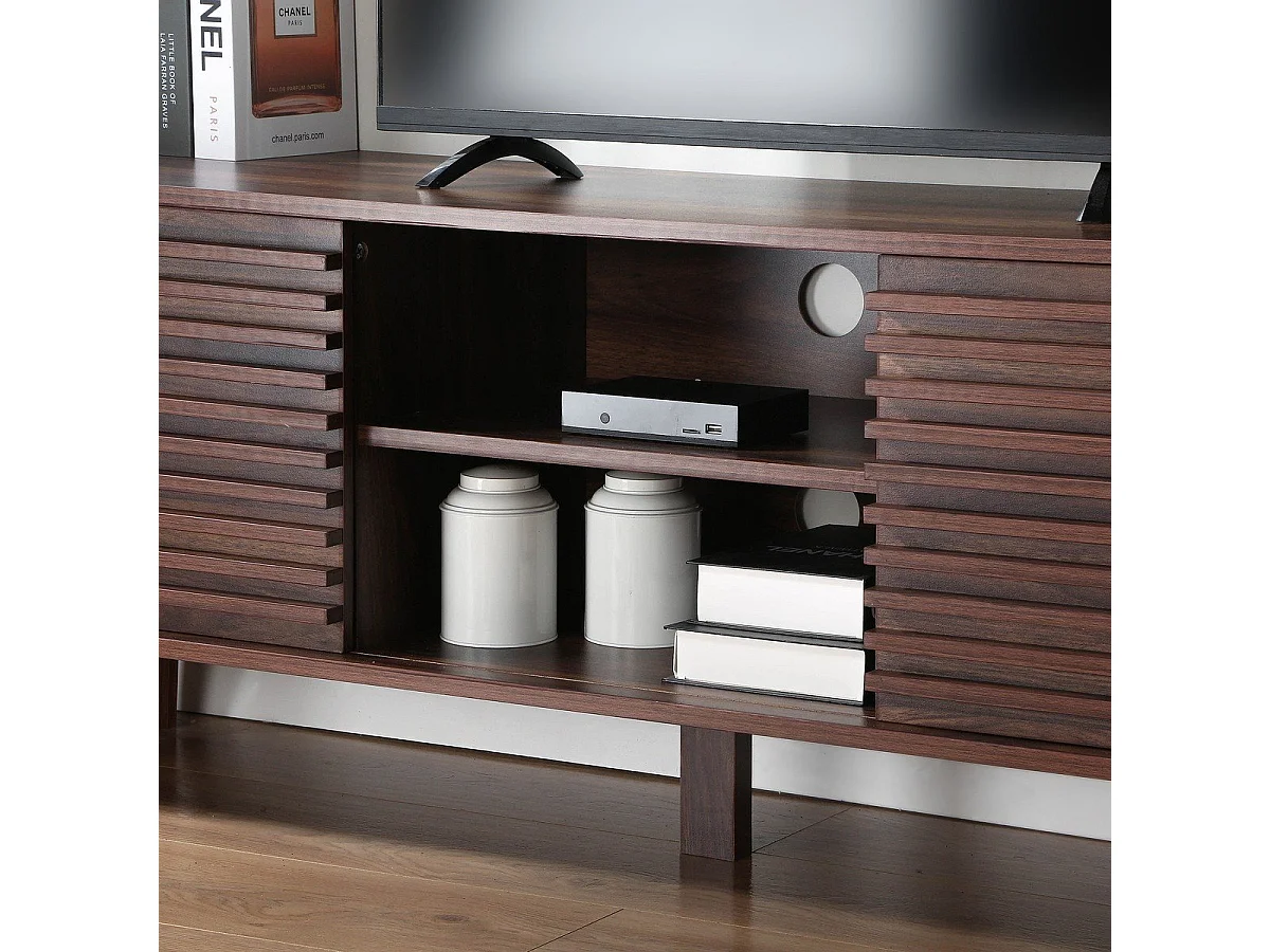 Meuble TV portes coulissantes Façades Effet Bois Rainuré L135 cm - FRIBOURG