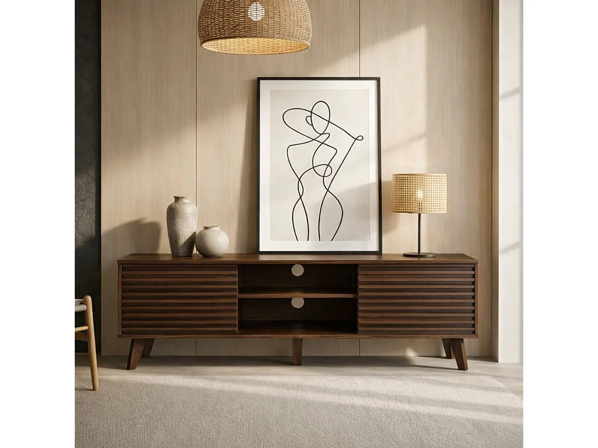 Meuble TV portes coulissantes Façades Effet Bois Rainuré L135 cm - FRIBOURG