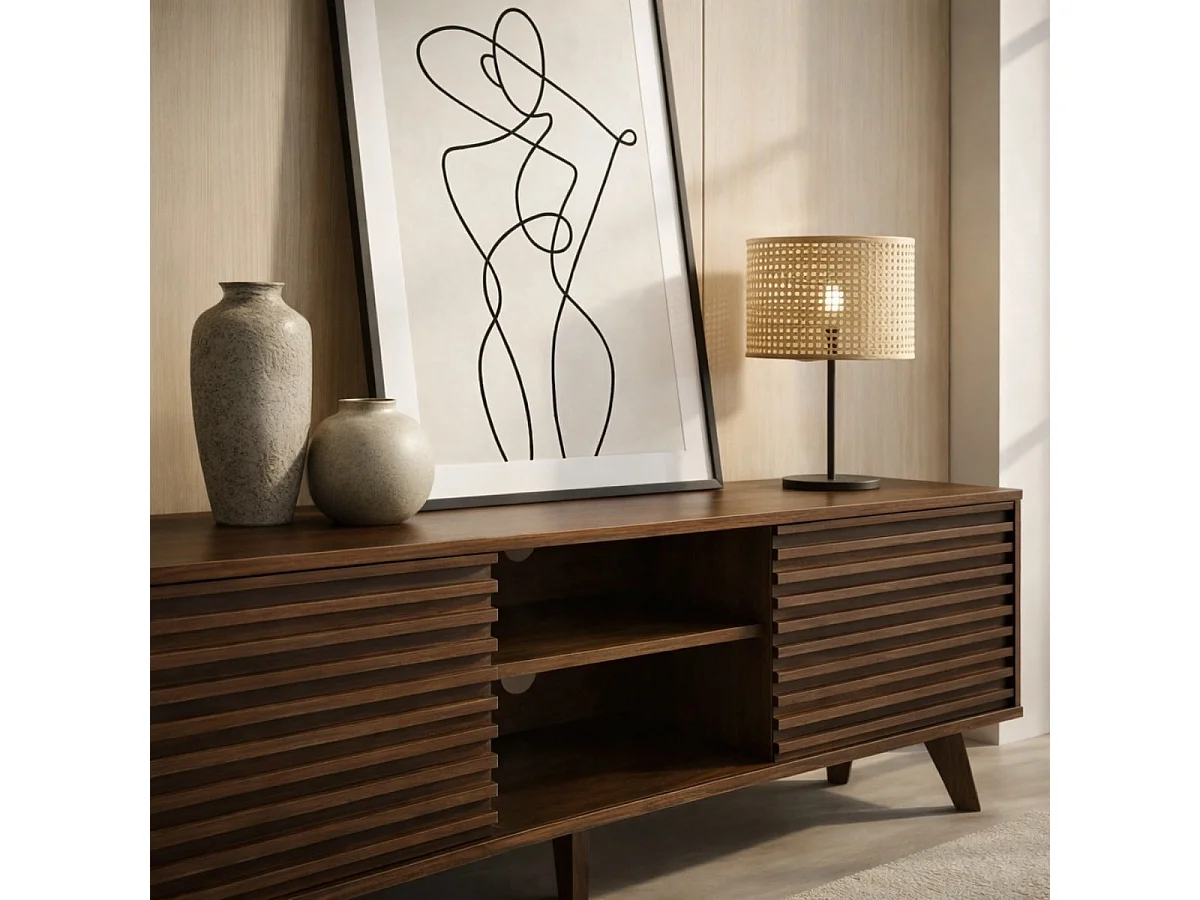 Meuble TV portes coulissantes Façades Effet Bois Rainuré L135 cm - FRIBOURG