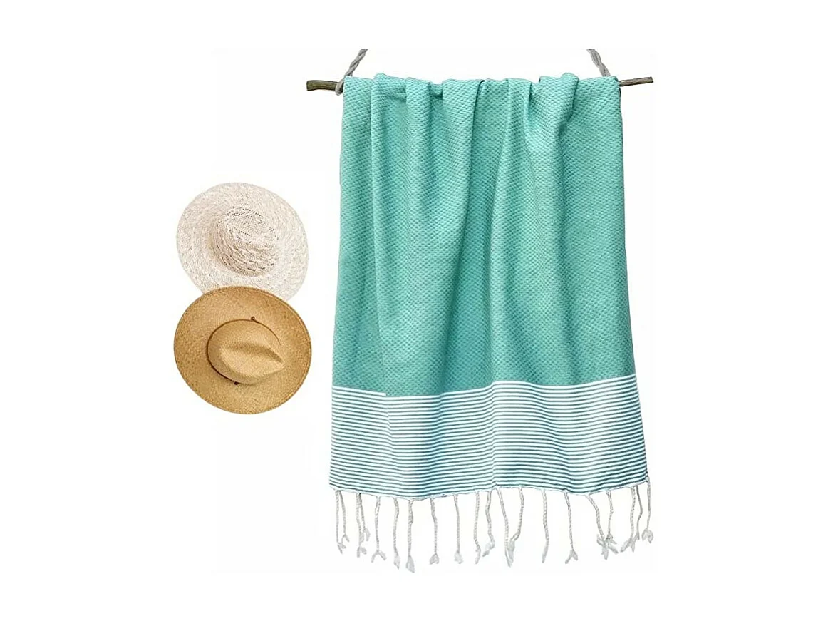 Serviette de plage, Fouta absorbante nid d’abeille coton 100 x 200 cm, 100% coton, coloris vert d'eau