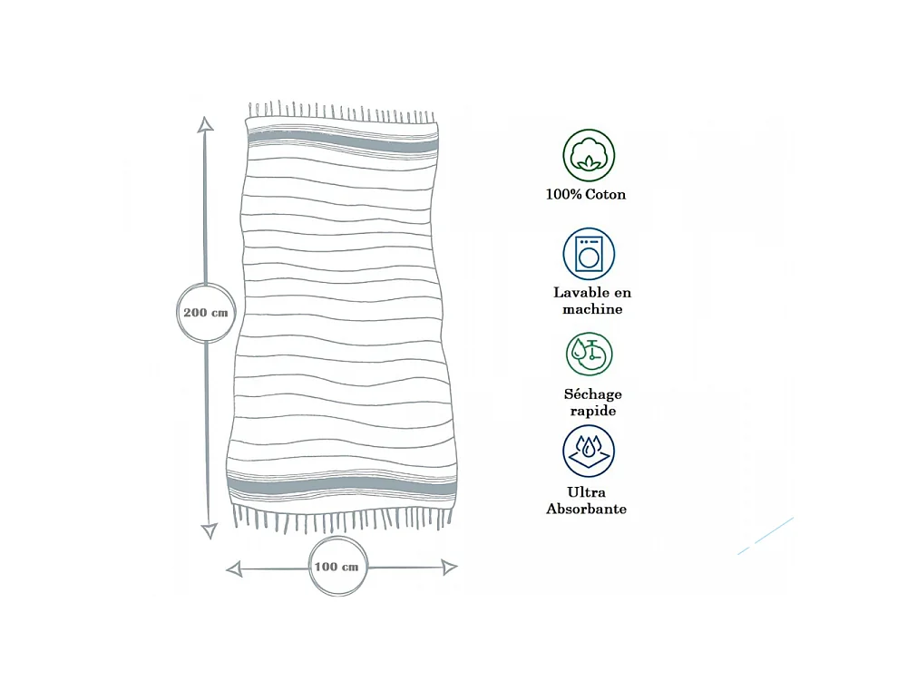 Serviette de plage, Fouta absorbante nid d’abeille coton 100 x 200 cm, 100% coton, coloris beige