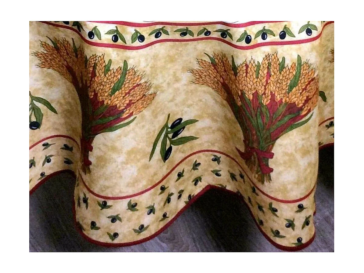 Nappe de Table Provençale Ronde180cm, Anti-Tâche avec motif Bouquet De Blé, 100% Polyester coloris beige