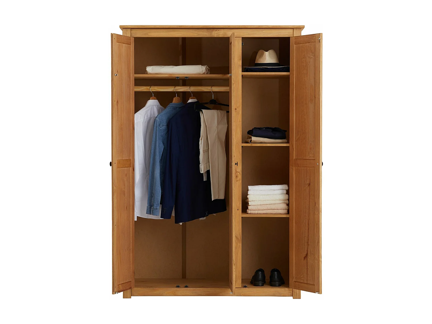 Armoire en bois CANCUN 3 portes tringle à vêtements et étagères 118 x 175 x 50 cm couleur bois naturel – pin massif