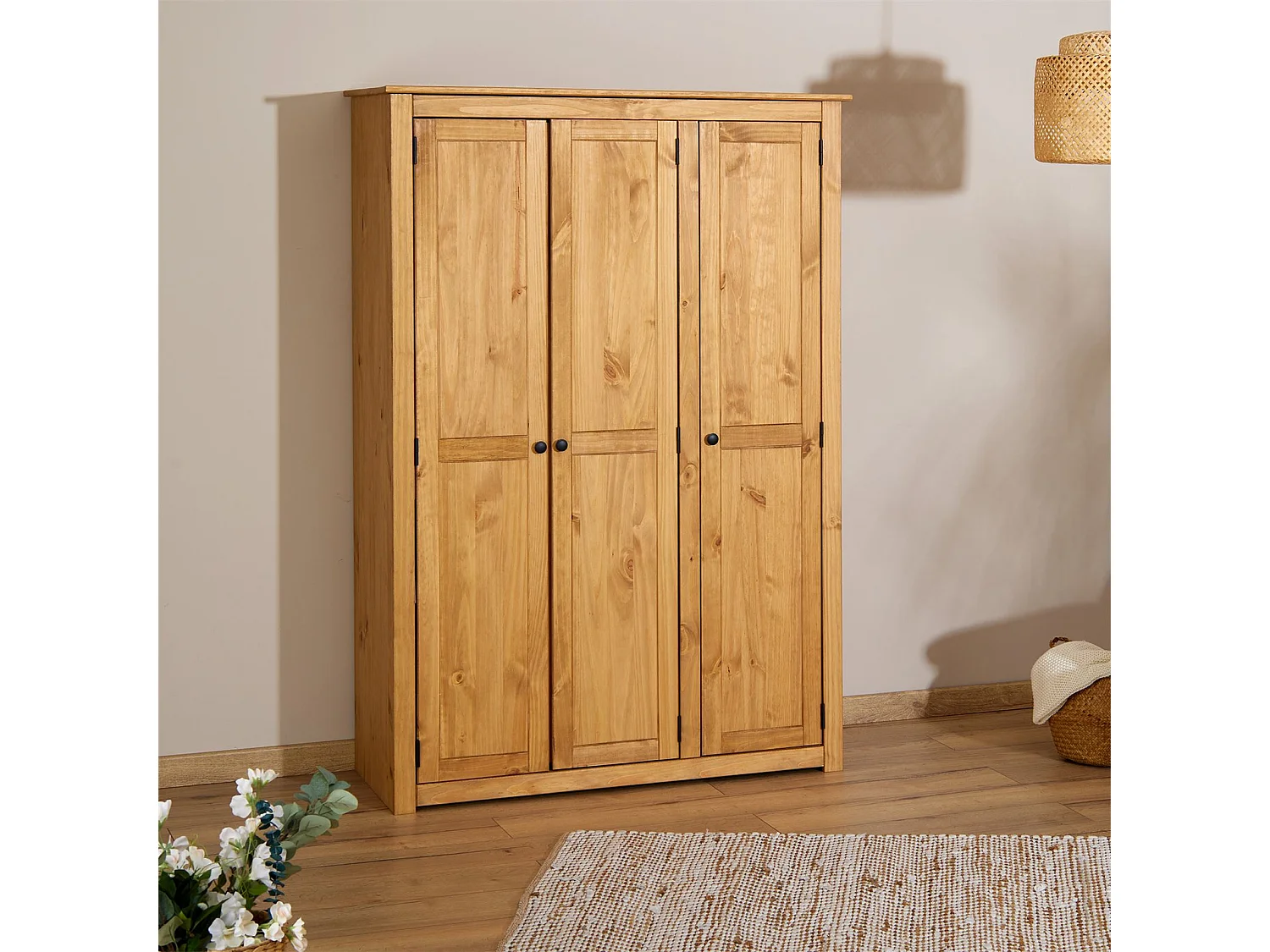 Armoire en bois CANCUN 3 portes tringle à vêtements et étagères 118 x 175 x 50 cm couleur bois naturel – pin massif