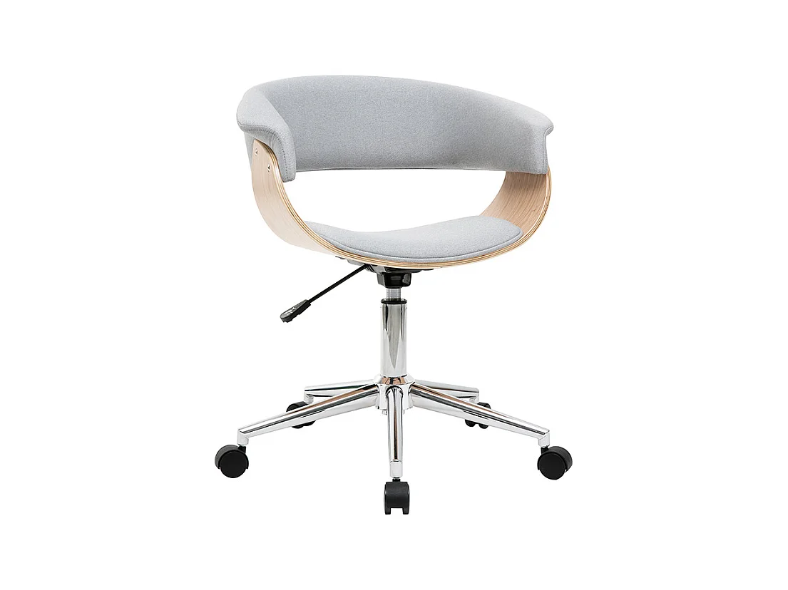 Chaise de bureau à roulettes design en tissu gris clair, bois clair et acier chromé OKTAV