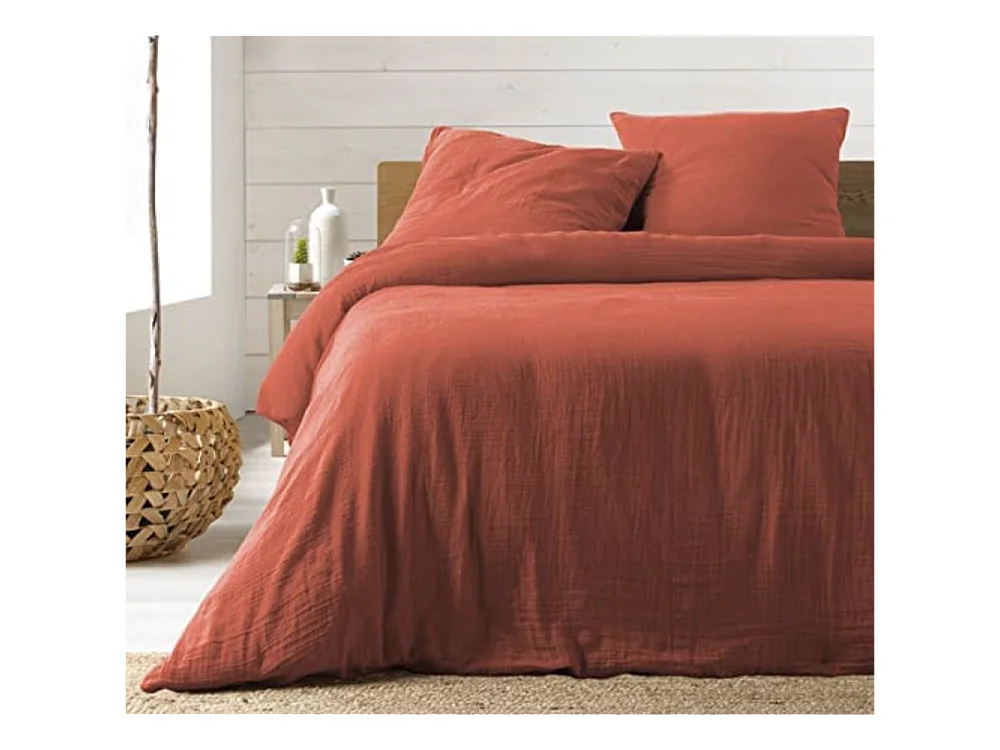 Parure de lit Housse de couette 2 personne + 2 taies d'oreiller en gaze de coton 240 x 260 cm coloris terracotta